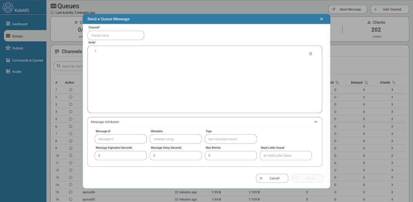 KubeMQ Dashboard send-message view